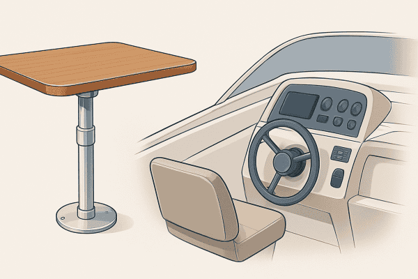 Panneau de commande et volant sur embarcation, composants pour installations nautiques et systèmes de contrôle.