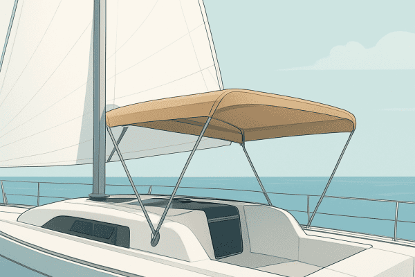 Segel auf einem Segelboot mit Sonnenschutzabdeckung.
