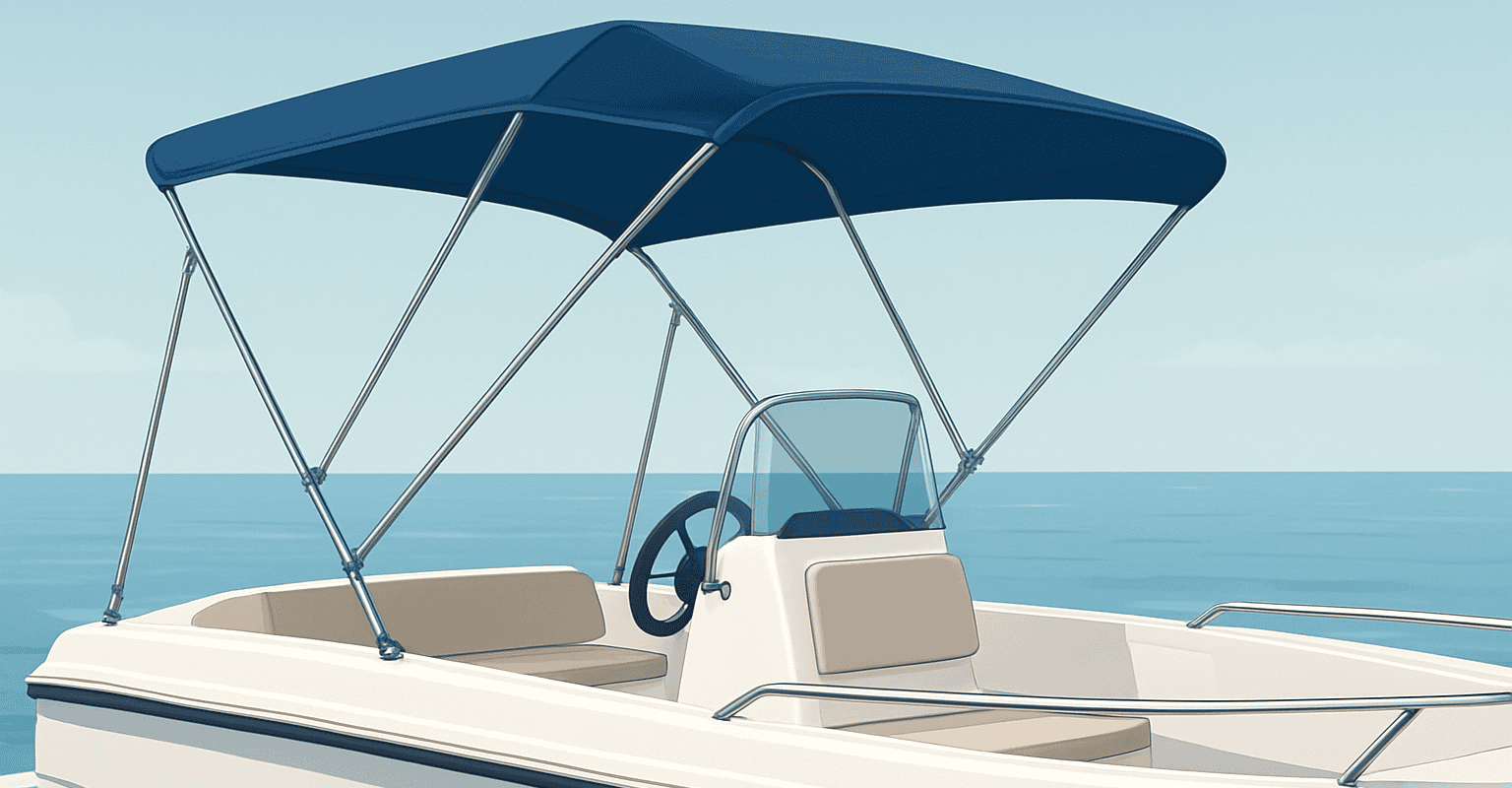 Bimini pour bateau avec structure en aluminium et couverture en tissu bleu, idéal pour se protéger de.