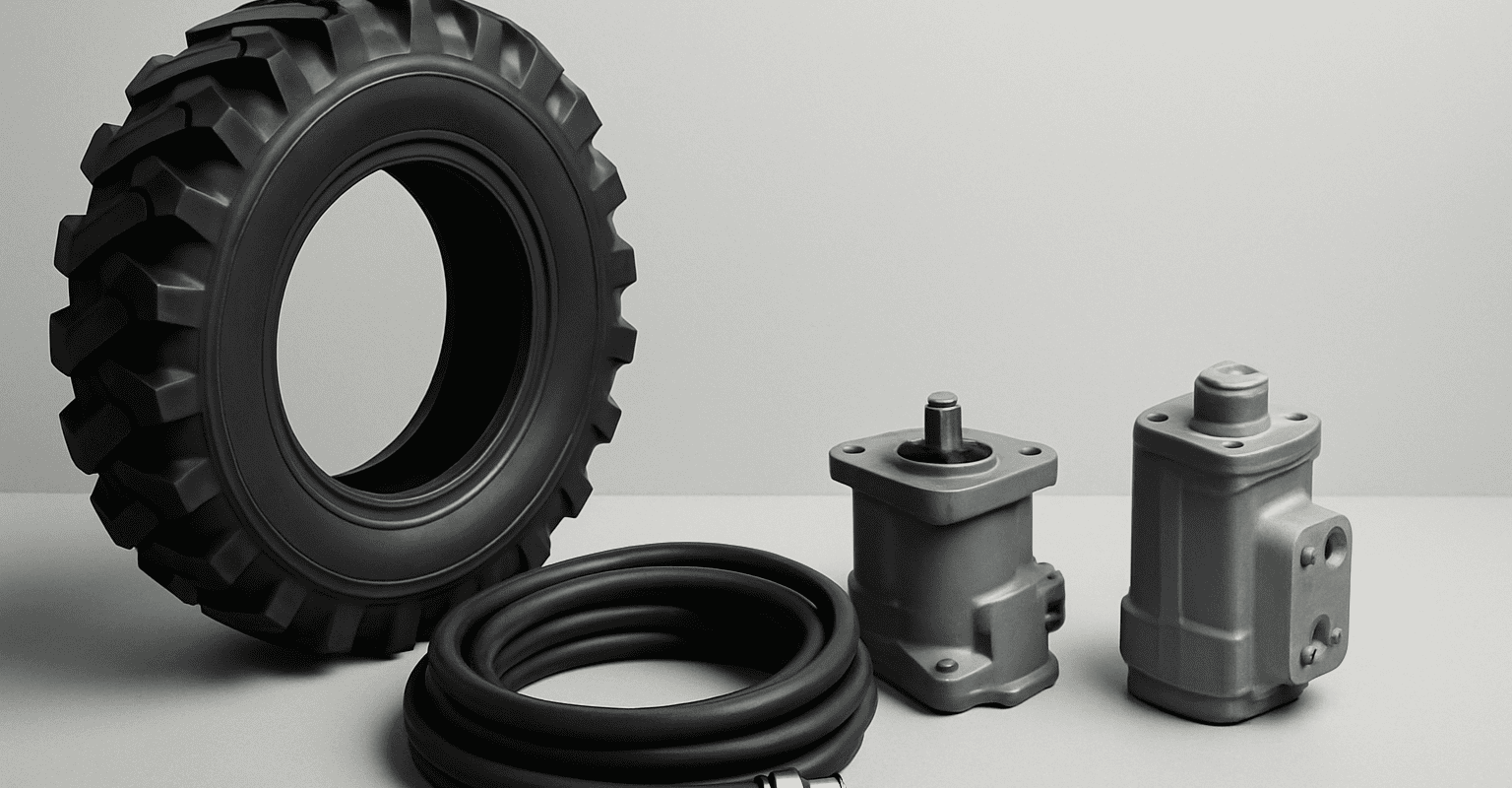 Tires and components for industrial machinery, including hoses and valves.