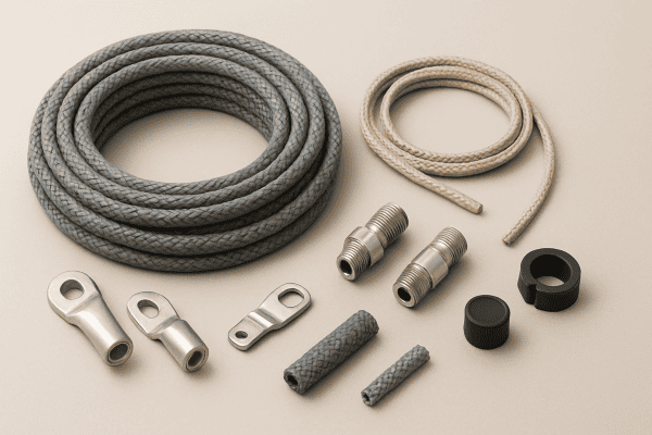 Câbles en acier et tissu, connecteurs et accessoires pour pièces détachées et composants industriels.