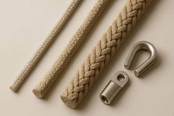 Câbles de traçage et mousquetons en métal pour travaux de charpente.
