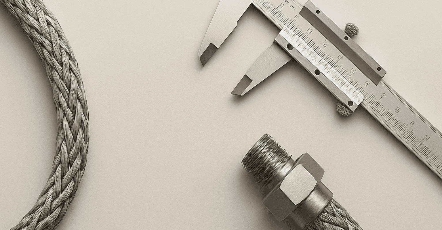 Câble en acier tressé avec calibre et filetages, prêt pour vérifications avant commande.