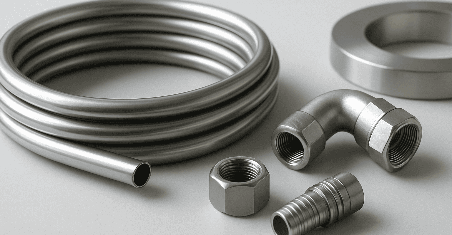 Tubo e raccordi in acciaio inox 316 per impianti industriali.