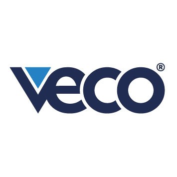 Logo Veco con design moderno e colori blu e azzurro.