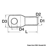Terminal de potencia para cable de 25 mm con orificio de 8 mm, dibujo técnico detallado.