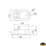 Disegno tecnico di un contenitore ovale bianco per doccia con dimensioni.
