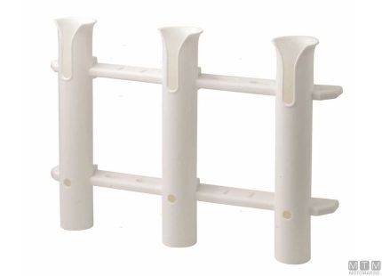 Portacanna in PVC bianco con tre supporti e barre di fissaggio.