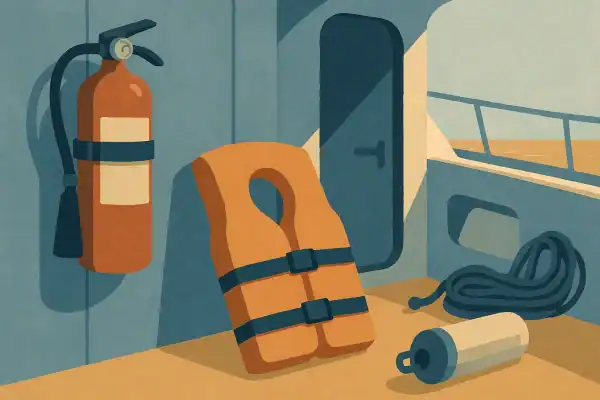 Kit de sécurité maritime avec extincteur, gilet et corde.