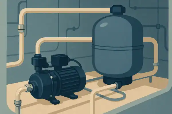 Bomba y tanque de filtración de agua en una instalación hidráulica.