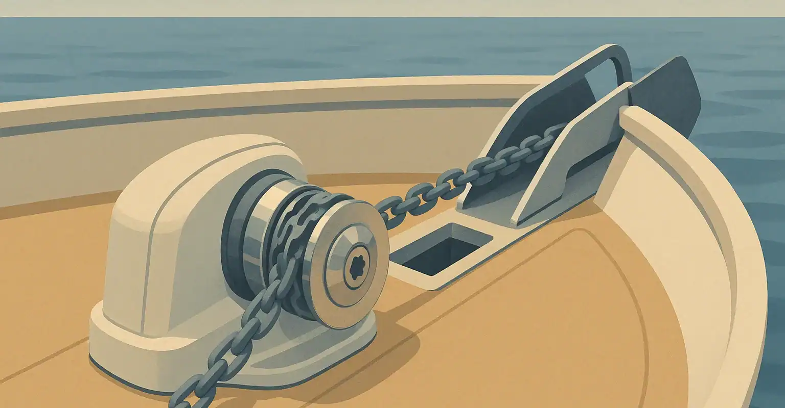 Ancora elettrica con catena sulla barca in mare aperto.