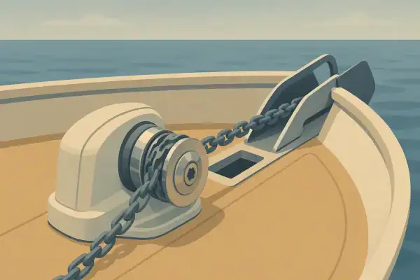 Ancla eléctrica con cadena en el barco en mar abierto.