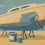 Fiberglass boat in the process of painting with roller and paint cans.